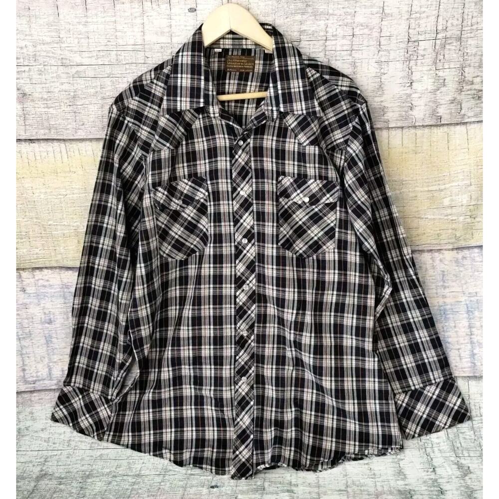 The Western Shop Western Wear Blue Orange Plaid Pearl Snap Shirt Size 17-34 VTG